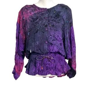 Vintage 90s Purple Pink Magenta Tie Dye Beaded Long Sleeve Button Up Shirt M